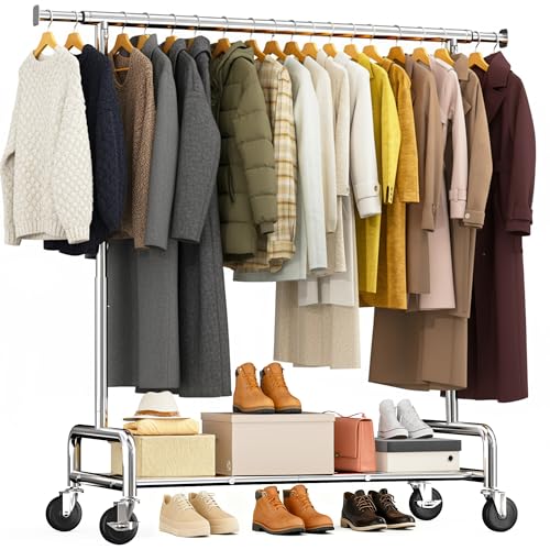 Cliporix 150KG Heavy Duty Clothes Rail,Clothes Rail with Sturdy Locking Wheels & Storage Shelf, Extendable Metal Clothes Rack for Spare Bedroom, 50 x (130-190) x 170 cm