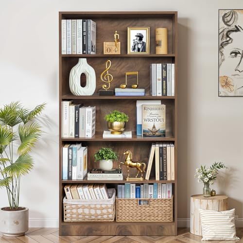 ABOUT SPACE Book Shelf - 5 Tier Engineered Wood Book Rack Multipurpose Book Shelf for Home Library Study Room Long Open Kitchen Cabinet for Home, Bedroom, Living Room (Walnut - L 80 x B 30 x H 165 cm)
