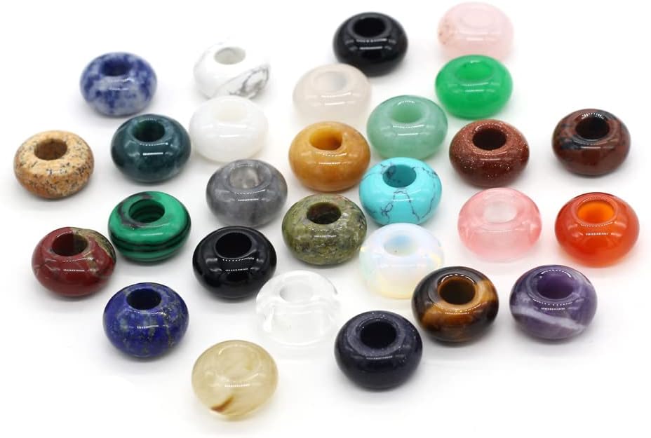 30pcs Natural Semi-Precious Stone Large Hole Loose Beads Abacus Shape Fashionable Opal Amethyst Unakite Rose Quartz Charm Beads for Making Necklace Bracelet