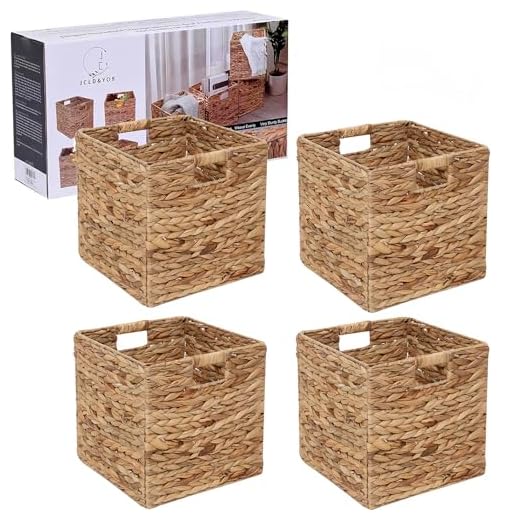 12x12in Storage Baskets 4 Pcs Water Hyacinth Basket,Foldable Storage Cubes