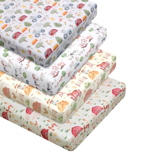 VitalCozy 4 Pcs Farm Animals Crib Sheet Set Newborn Bedding Nursery Baby Sheets for Girl Boys Baby Gifts for Standard Crib and Toddler Mattresses, 52...