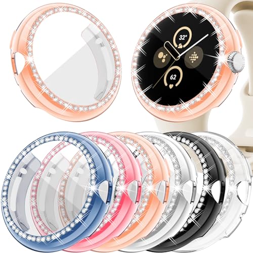RICHONE [6Pack] Bling Screen Protector Compatible with Google Pixel Watch 1/2/3 41mm, Sparkly Diamonds Cases Soft TPU Protective Bumper Covers Accessory 41MM Piexl Smart Watch (6 Colors)