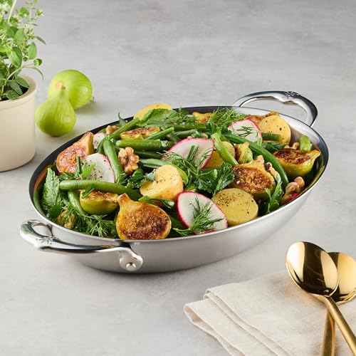 Image of Hestan Provisions Oval Au Gratin Baking Dish, 2 Quart Clad Stainless Steel, 12.5 x 9 Inch - Oven Safe 600F, Kitchen to Table Serving, Designed with Thomas Keller