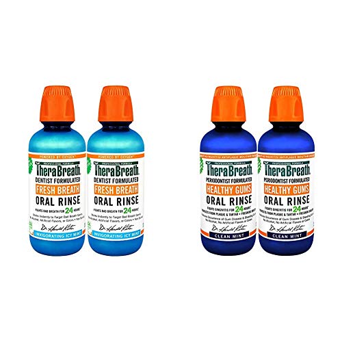 TheraBreath Gluten-Free Fresh Breath Oral Rinse, ICY Mint, 16 Ounce Bottle (Pack of 2) and TheraBreath 24 Hour Healthy Gums Periodontist Formulated Oral Rinse, 16 Ounce (Pack of 2)