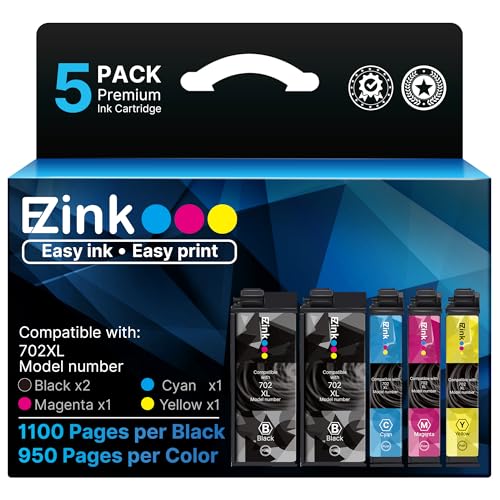 E-Z Ink Remanufactured Ink Cartridge Replacement for Epson 702XL 702 T702XL T702 to use with Workforce Pro WF-3720 WF-3733 WF-3730 Printer (5 Pack) 4.449 x 3.976 x 2.835 inches