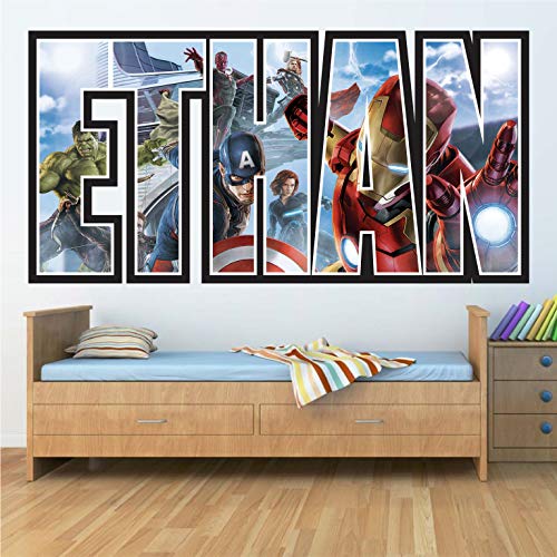 Autocollants muraux personnalisés pour chambre d'enfants/garçons/filles - Votre nom dans Marvel Avengers Superhero, Spiderman, Hulk, Thor Design Autocollant...