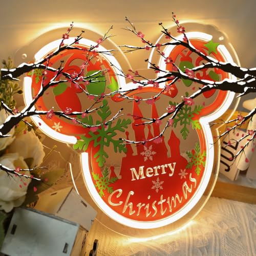 Image of Christmas Mouse Ear Neon Sign for Wall Decor - Dimmable LED Festive Castle Light with USB Power - Xmas Holiday Decoration for Home, Bedroom, Kids Room, Fireplace (11.81 inch x 9.84 inch)