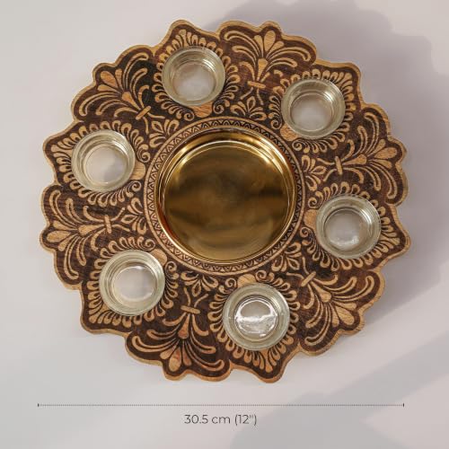Image of BEHOMA Wooden Urli Bowl with 6 Tea Lights, Natural Wood, 12 inch | Natural wood mandala urli with 6 tea lights; ideal centerpiece for Diwali, rangoli & festive gifting.