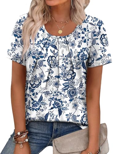Image of WIHOLL Women T Shirts Pleated Short Sleeve Tops Business Casual Dressy Blouses