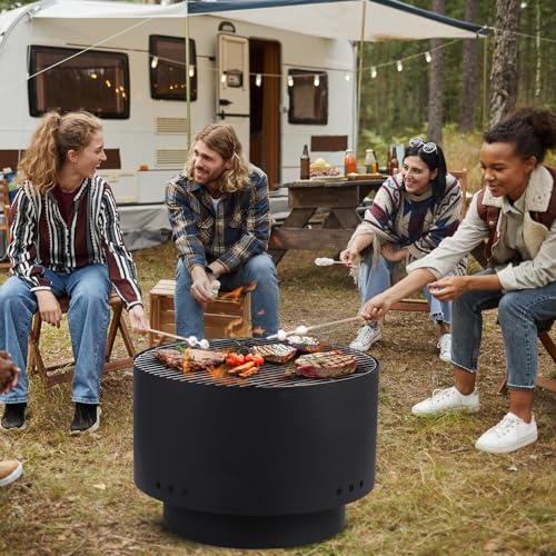 Brasero con parrilla, diámetro de 60 cm, cesta de fuego con protección contra chispas, barril grande para el jardín con atizador y bolsa de transporte, brasero de madera maciza y carbón, incluye para