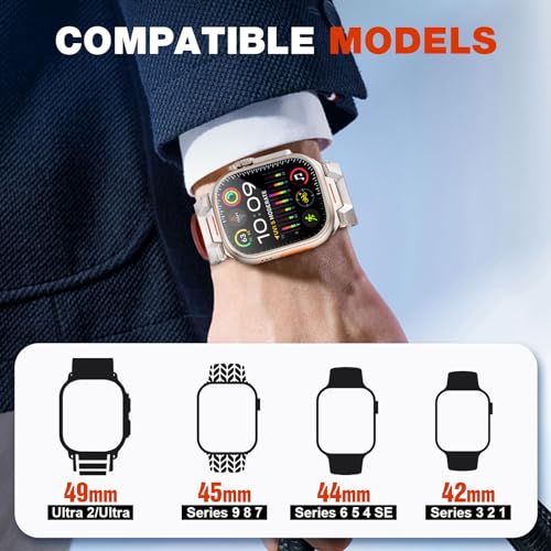 DAMAFE Genuine Leather Band,Compatible with Apple Watch Ultra 2 / Ultra Band 49mm 45mm 44mm 42mm Men Women, Durable Metal Connector for iWatch Ultra Series 9 8 7 6 5 4 3 2 1 SE (49mm/45mm/44mm/42mm,