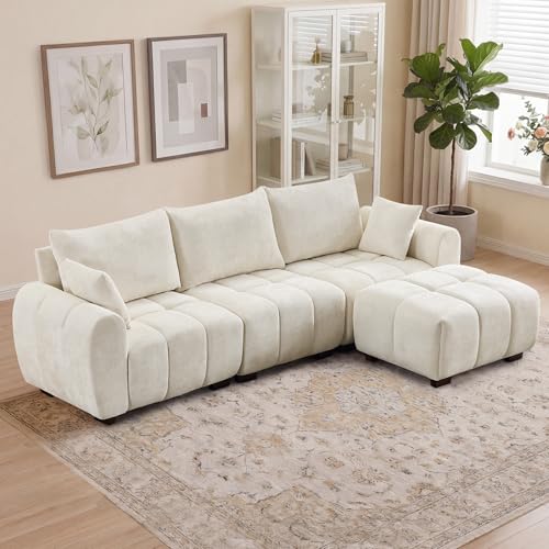 Image of 112 inch Cloud Modular L-Shaped Chenille Beige Sectional Sofa | 4 Seat Tufted Oversized Couch with Wood Legs & Movable Ottoman for Apartment Living Room