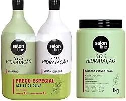 Salon Line Kit S.O.S Hidratação, Shampoo 1L + Condicionador 1L + Máscara 1kg, com Azeite de Oliva e D-Pantenol