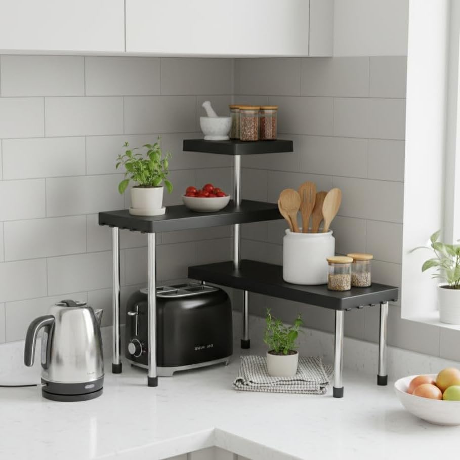 3-Tier Kitchen Corner Shelf Countertop Organiser Rack | Stainless Steel Legs, Anti-Slip Foot Caps, Extra Hanging Space, Multi-Purpose Storage, Water-Resistant Shelves-picture-11