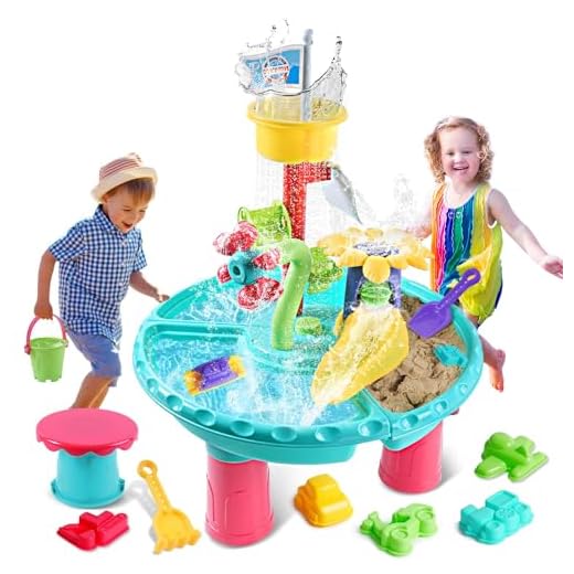 VATOS Water Table for Toddlers, 3 in 1 Kids Outdoor Water Play Table Rain Showers Splash Pond Toys, 31PCS Sensory Activity Sand Table, Outside Backyard Summer Beach Toys for Boys Girls Age 3 4 5 6