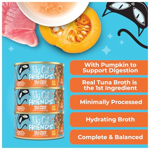 Image of Tiki Cat Friends Wet Cat Food, Tuna & Pumpkin, 2.8 oz. Can (12 Count) | Wet Cat Food, With Real Flaked Tuna, Pumpkin for Digestion, High Protein, High Moisture, Easy to Digest, FIber, 2.8 oz Can