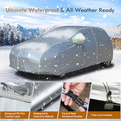 Image of Tecoom Light Shell Car Cover Waterproof All Weather, Breathable Material with Door Zipper & Mirror Pockets, Rain Snow Sun Wind Protection Outdoor & Indoor Full Covers Fit for Hatchback (160-172 inch)