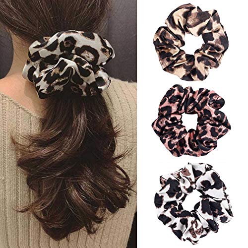 Kakaco Boho Hair Elastic Tie Pink Leopard Hair Tie Band Bobbles Silk Hair Scrunchies Fashion Hair Accessories for Women and Girls(Pack of 3)(Style-B)