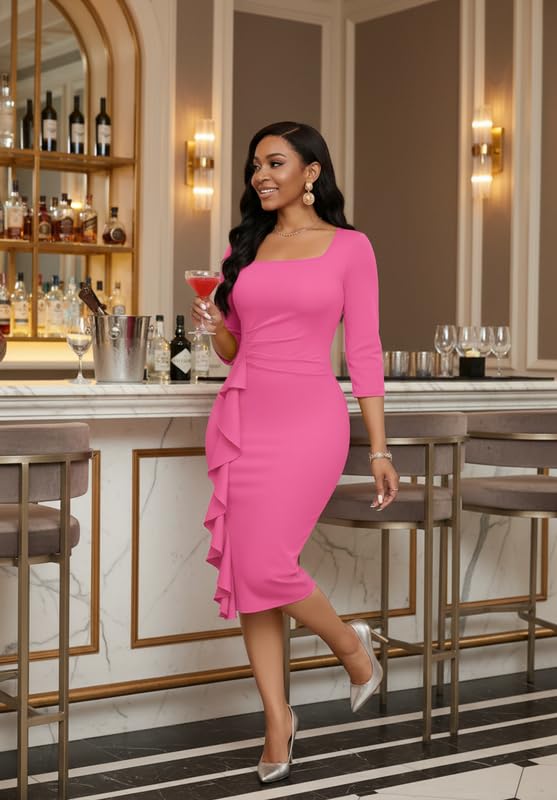Image of MarryUP Womens Work Dresses Elegant Square Neck 3 /4 Sleeve High Waist Bodycon Ruffle Vintage Church Pencil Midi Dress