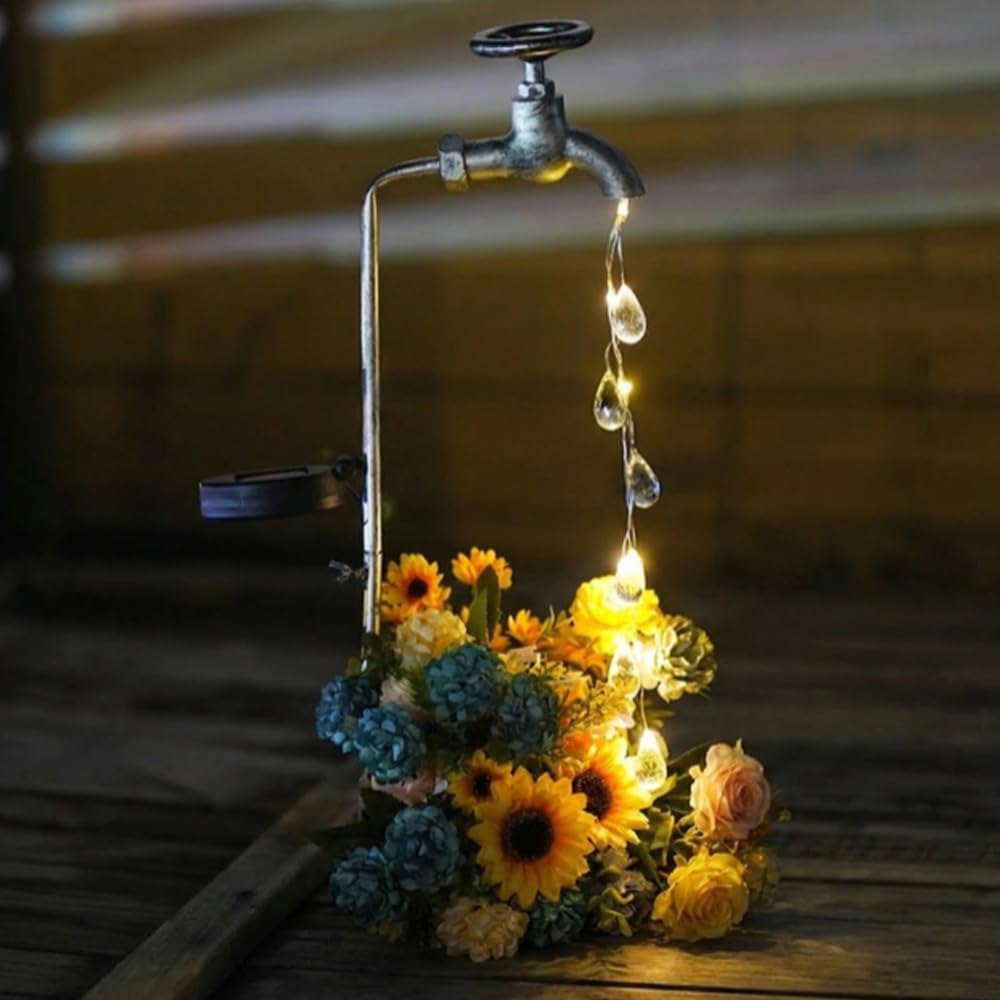 Solar Powered Faucet Water Droplets Light, Garden Decoration Wrought Iron Retro Cute faucets Water Droplet Floor Light, Wireless Dusk to Dawn LED Light Waterproof.