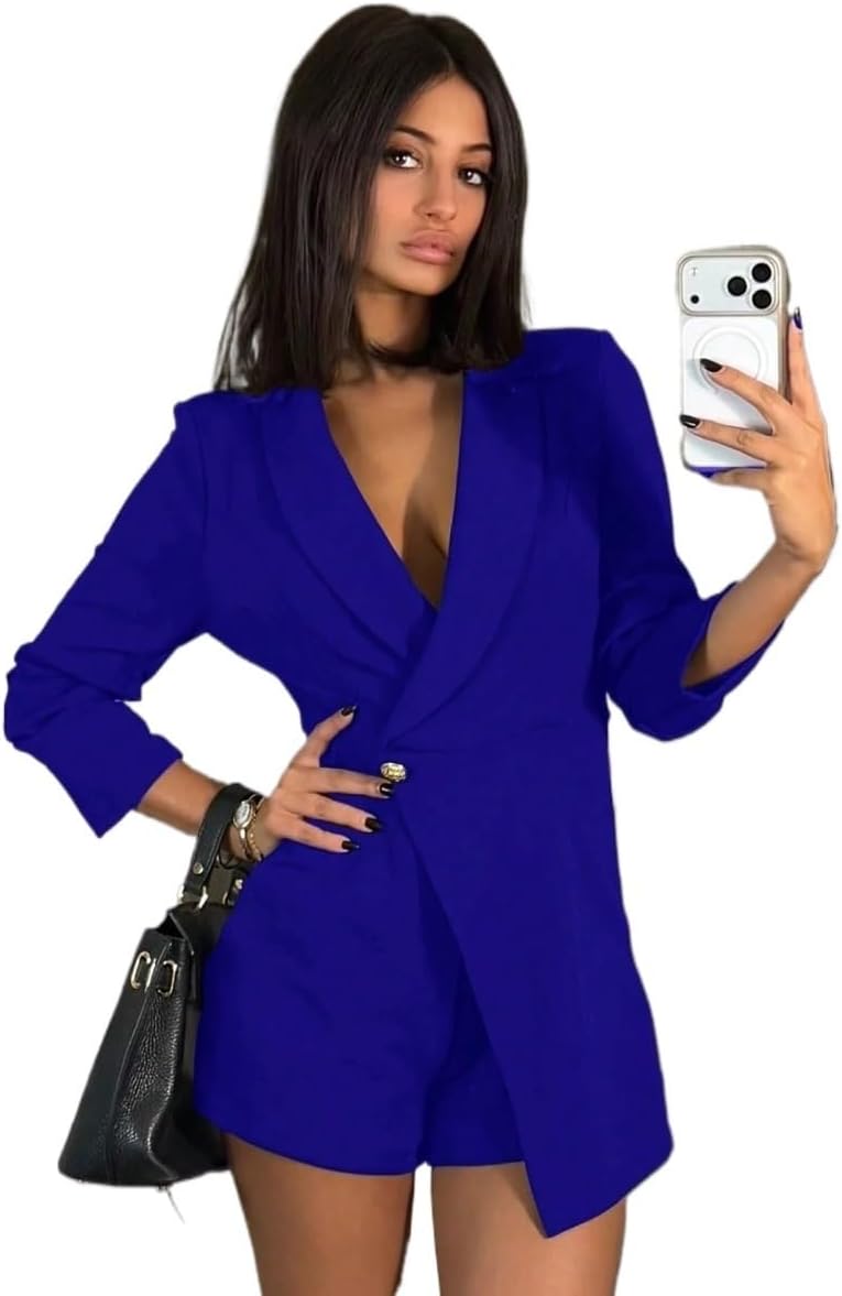 Rompers for Women Summer Solid Shawl Collar Wrap Romper