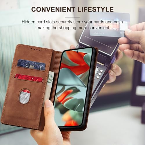 Image of Jasonyu Flip Wallet Case for Google Pixel 9 Pro XL,Leather Magnetic Folio Cover with Card Holder,Kickstand - TPU Shockproof Durable Protective Phone Case,Brown