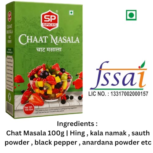 Image of SP Spices Kashmiri Mirch, Chaat Masala, Amchur, Ginger Powder & Kasoori Methi Combo Pack | Premium Indian Spices | Perfect for Cooking, Snacks, Chaat, Curries , vegetables & Marinades (100g ChatMasala)