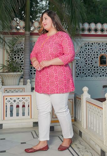 Image of Akiko Women's Pure Cotton Printed Kurti Straight Fit Casual & Office Wear Short Kurta for Women 3 /4th Sleeve Ethnic Top with Round Neck