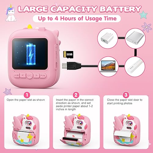 Miniatura 7 de Camclid Camara Fotos Infantil Instantanea, 2,4 Hd 1080p Cámara Fotos Infantil Con Tarjeta De 32g Y Papel Fotográfico De Impresión, Niños Y Niñas De 3 A 12 Años Rosa