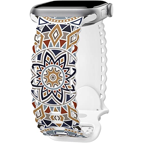 Image of Compatible with Apple Watch Band 41mm 40mm 38mm 49mm 45mm 44mm 42mm Women Girl, Mandalas Print Lace Hollow-out Soft Silicone Sport Bands For iWatch Ultra SE Series 10 9 8 7 6 5 4 3 2, Mandl-42