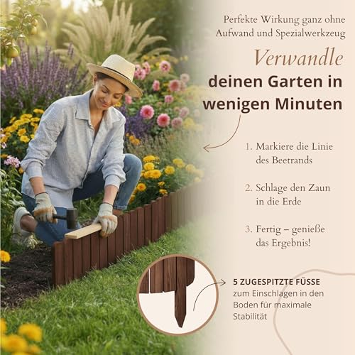 Floranica Beetumrandung Beeteinfassung 20 x 200 cm Braun Rasenkante Holz Gartenzaun Holzzaun Flexibler Rollborder