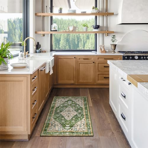 Lahome Boho Tribal Area Rug - 2x3 Distressed Small Green Rug for Entryway, Soft Non Slip Washable Bathroom Mat Bohemian Low Pile Indoor Floor Door Carpet for Entryway Chair Bedroom Living Room, Green