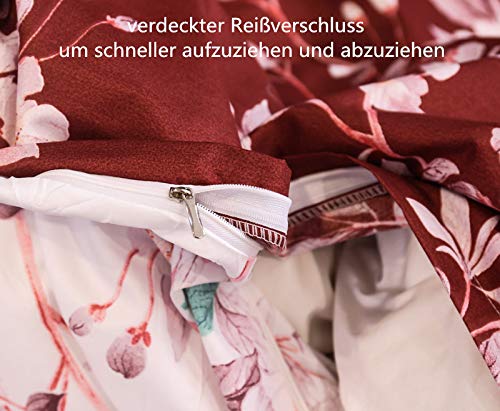 Boqingzhu Bettwäsche 220x240cm King Size Blumen Rosa Rot Weiß Wende Bettwäsche Set Microfaser 1 Bettbezug und 2 Kissenbezüge 80x80cm mit Reißverschluss
