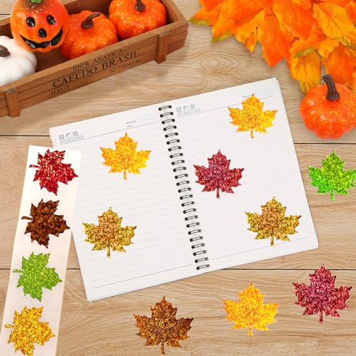 Image of 500Pcs Fall Thanksgiving Leaf Stickers 1.5in Maple Leaf Decals 5 Colors Holographic Self Adhesive Label Leaves Stickers Roll for Autumn Party Cards Seal Envelopes Supplies Decor