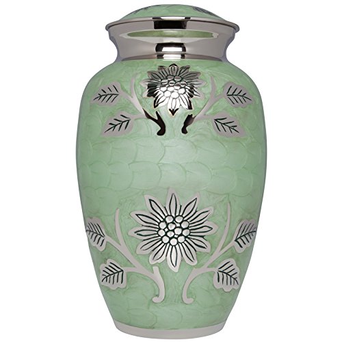 Teal and Silver Flower Funeral Urn Cremation Urn for Human Ashes - Brass- Suitable for Cemetery Burial or Niche- Large Size for Adults up to 200 lbs - Rose Lisette