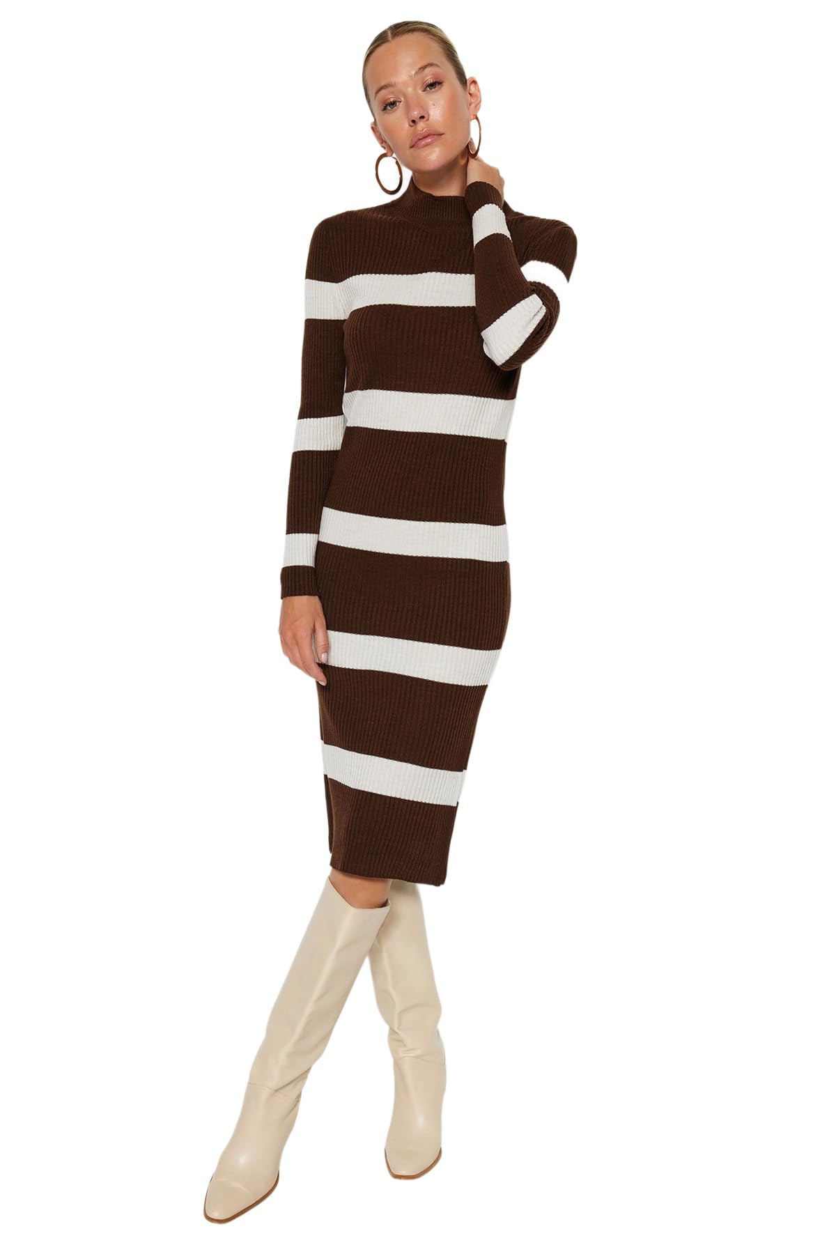 Trendyol Damen Braun Bodycon Slim Fit Knitwear Dress Kleid,