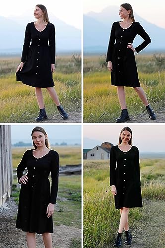 Image of OUGES Women's V Neck Button Down Skater Midi Dress with Pockets