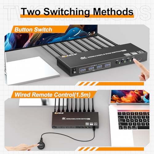 Image of HDMI KVM Switch 4 Computers 4K@60Hz 2K@120Hz, Simulation EDID, Camgeet 4 Port USB3.0 KVM Switches for 4 PC Share 1 Monitor and Keyboard Mouse Printer,with Wired Remote,12V Power Adapter and 5 Cables