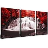 CERLMLAND Waterfall - Wall Art Painting Black White Red Landscape Canvas Wall Art 3 Pieces,Red Trees Forest Picture Prints for Home-office - canvas art wall art for living room 12x16inchx3pcs