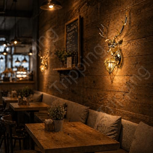 Image of TRIPPING Luxury Golden Deer Head Wall Lamp with Diamond Hanging Light: Premium Metal Decorative Wall Fixture, Warm Ambient Lighting, Statement Wall Mounted Lighting for Living Room Bedroom