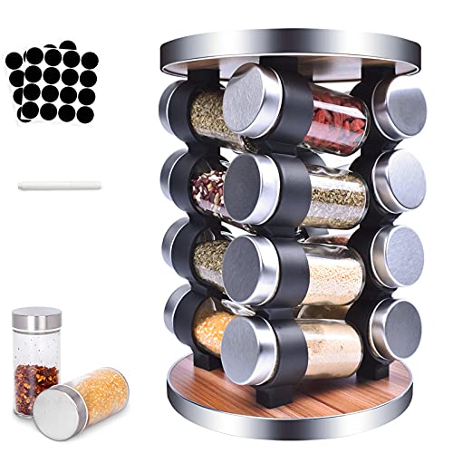 MUOIVG Présentoir à Épices -Avec 16 Pots Verre - Caroussel épices,Rotatif 360°,epices pots rangement ,Étagère à Épices Pour Cuisine, Barbecue etc, contenir Étiquettes Bocaux + marqueurs de Craie