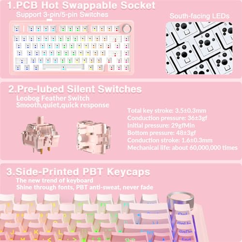 Image of AULA F75 Pro Wireless Mechanical Keyboard Silent Version,75% Hot Swappable Custom Keyboard with Knob,RGB Backlit,Pre-lubed Switches,Side Printed PBT Keycaps,2.4GHz /USB-C /BT5.0 PC Gaming Keyboards,Pink