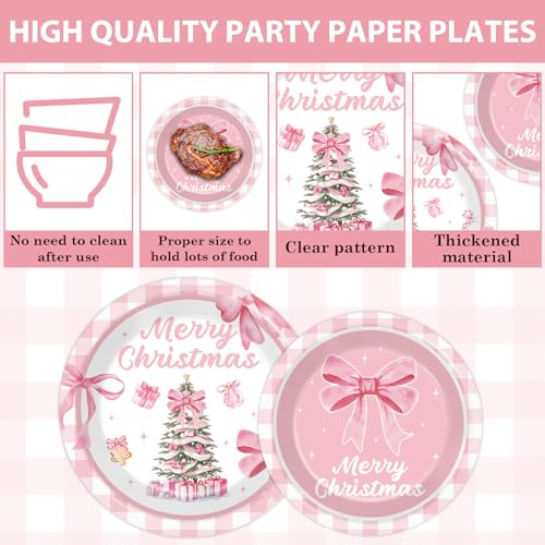 Image of 96Pcs Pink Christmas Tree Party Decorations Pink Bow Plates and Napkins Tableware Buffalo Plaid Dinnerware for Merry Xmas Winter Holiday Party Supplies 24 Guests