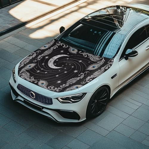 Image of Retro Peacock Moon Car Hood Cover, Nordic Style Classical Peacock Feather Elastic Auto Hood Protector Stretchable, Stars Moon Car Bonnet All-Season Protection Black