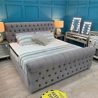 BED CRAFT Grey velvet upholestered sleigh bed with headbaord (single double king superkingsize)-Mattress option-Gaslift option available-Handmade in UK (Double)
