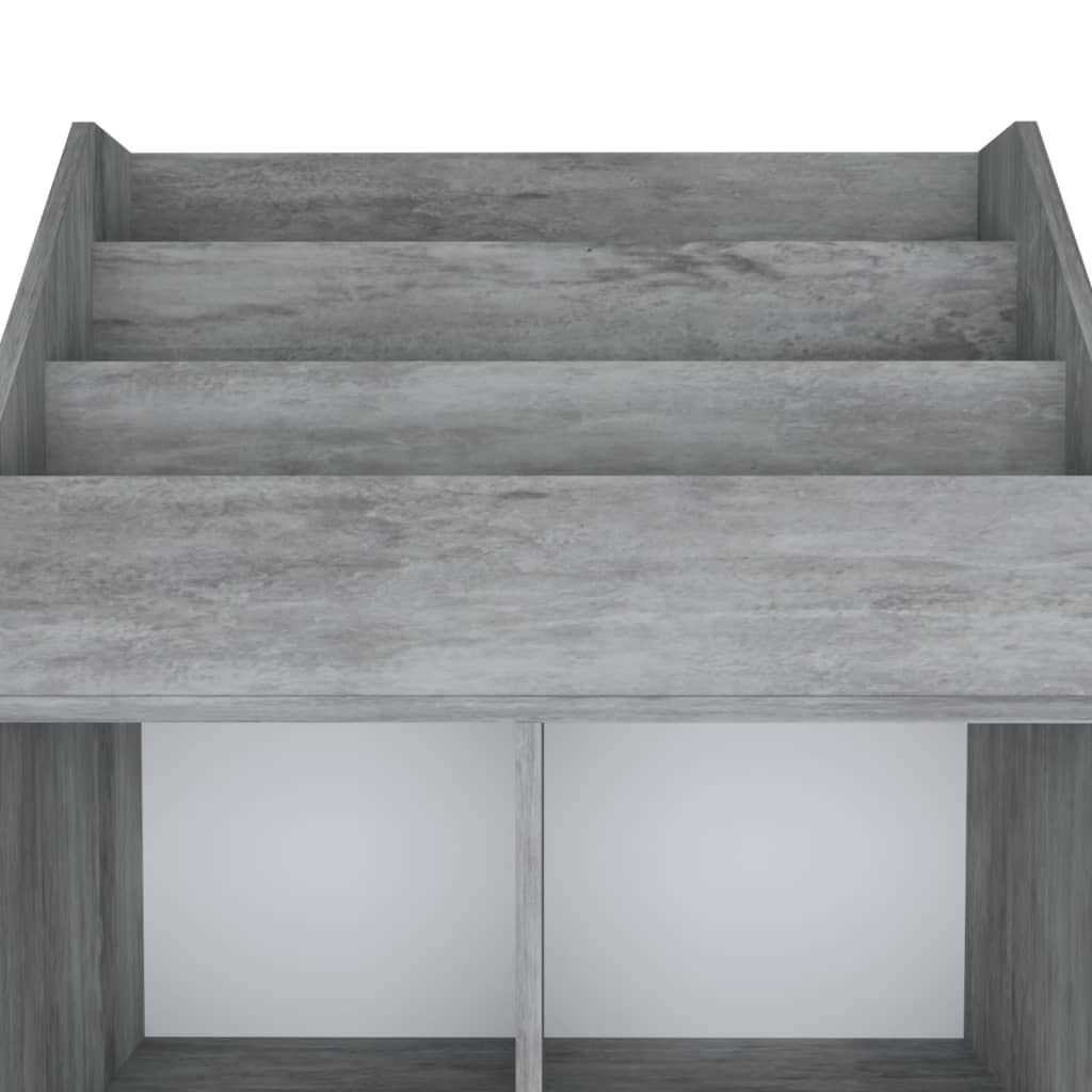 Drewniany stojak na czasopisma Ingenierie Szary Beton 71x30x114cm | 3 przegródki na książki, 4 otwarte przegródki, trwałe, czyszczenie na mokro