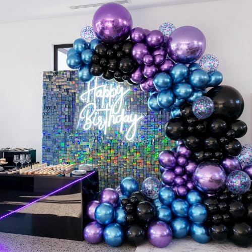 Image of Black Blue and Purple Balloons, 12 Inch Metallic Blue Purple Black | Silver Confetti Balloons for Kids Boys Outer Space Astronaut Birthday Baby Shower Video Game Party Decorations