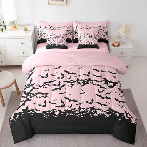 Erosebridal Halloween Bats 7 Piece Comforter Set Queen,Black Pink Wildlife Bed in a Bag with Flat Sheet and Fitted Sheet for Kids Boys Girls,Gothic Horror Theme Bedding Set with Pillowcase and Sham
