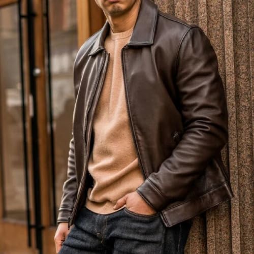 Image of Mens Shirt Collar Genuine Real Lambskin Leather Jacket For Men Vintage Classic Biker Style with Zip Out Liner