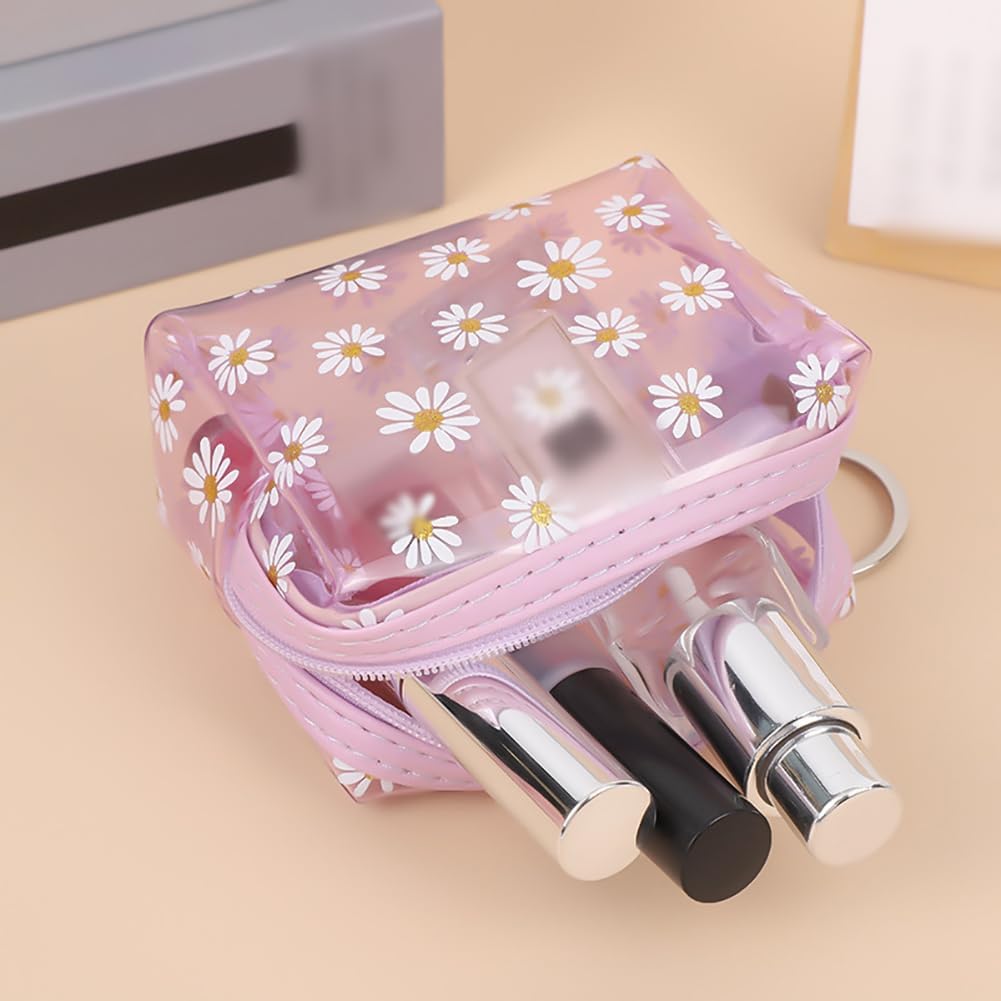 Daisy Coin Purse Wallet Clear Change Pouch Bag Small Flower Makeup Bag Cute Floral Cosmetic Bag Waterproof Sanitary Napkin Storage Bag Transparent Credit Card Holder with Key Ring Purple - Image 2